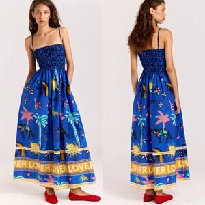 ROMY Lover Sundress Silk Blend Trropical Sleeveless Smocked Maxi A-Line Blue S